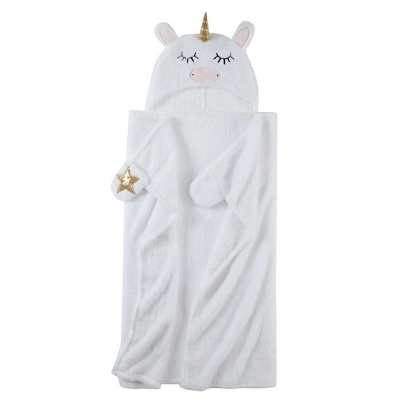 PAWZ by Bearpaw Kids' White Unicorn Polyester Plush Hooded Throw, 50" x 40" NWT - Picture 1 of 4